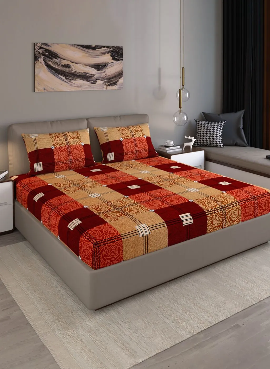 130 GSM Polyester Queen Bedsheet with 2 Pillow Covers