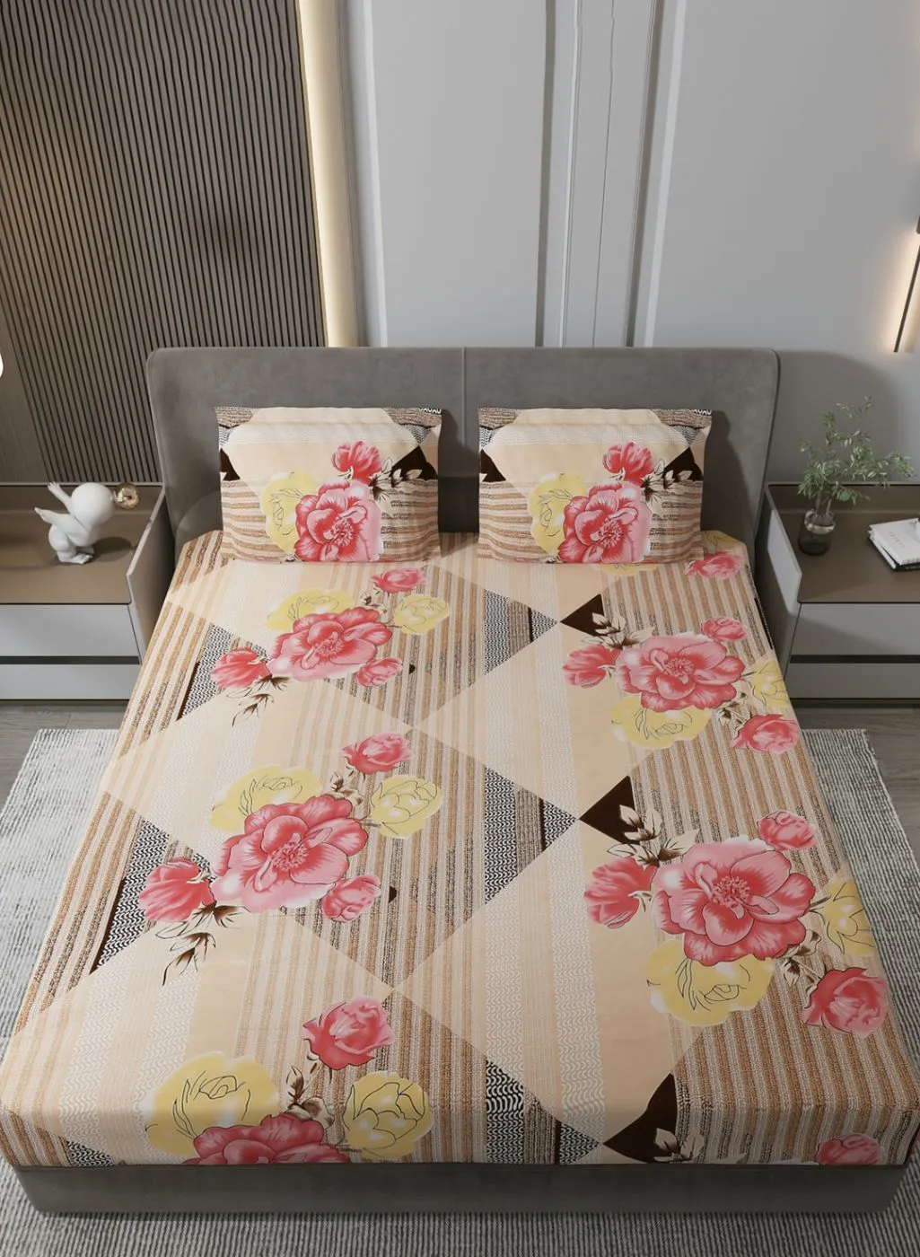 130 GSM Polyester Queen Bedsheet with 2 Pillow Covers