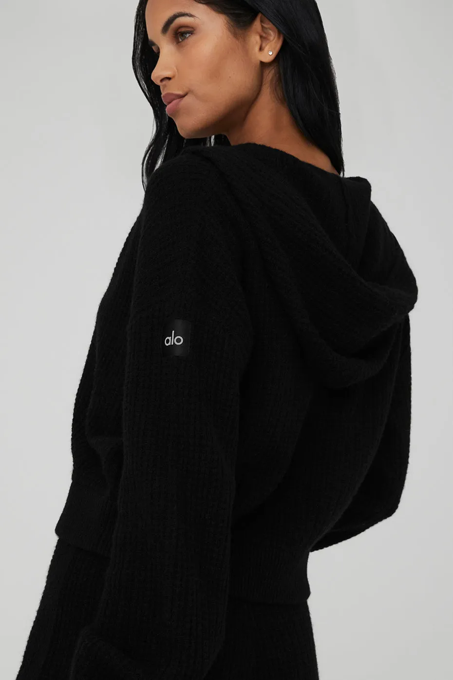 Cashmere Plush Waffle Full Zip Hoodie - Black