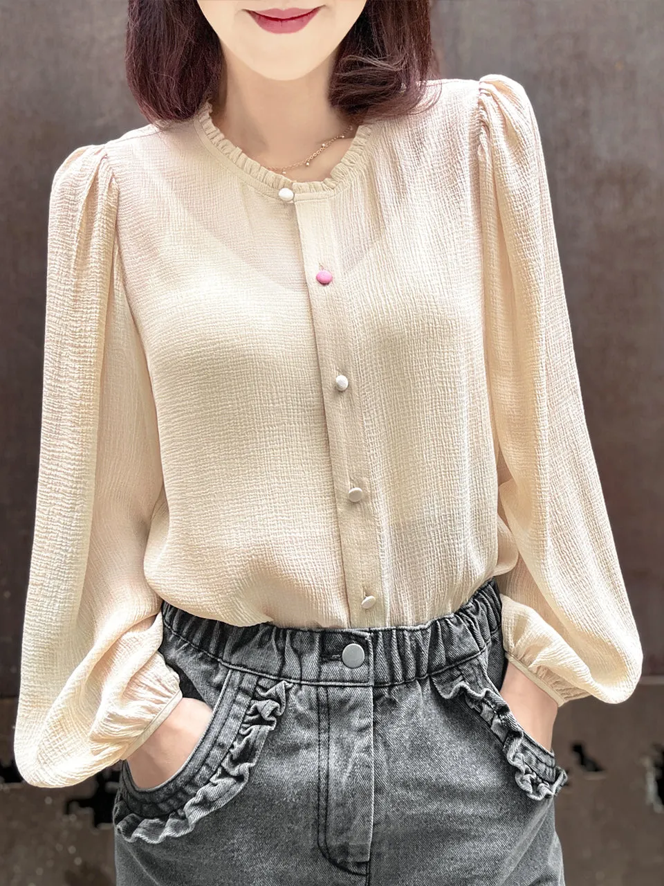 Crepe Beige Ruffle Collar Balloon Sleeve Cotton Silk Blouse