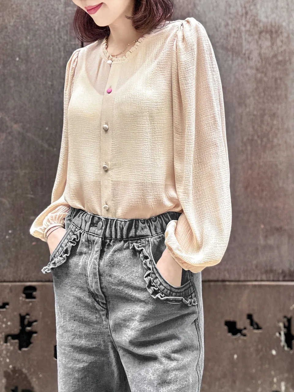 Crepe Beige Ruffle Collar Balloon Sleeve Cotton Silk Blouse