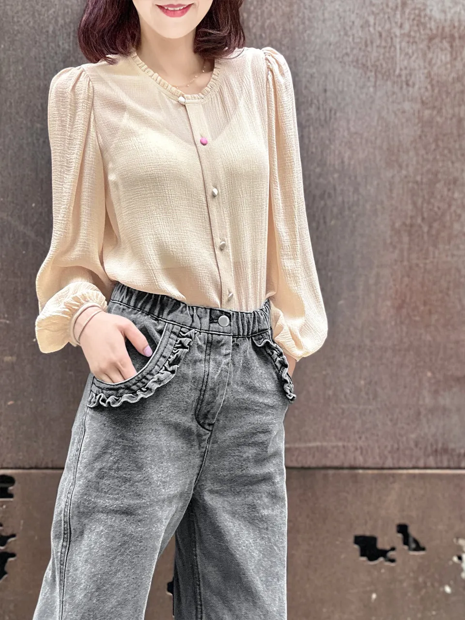 Crepe Beige Ruffle Collar Balloon Sleeve Cotton Silk Blouse