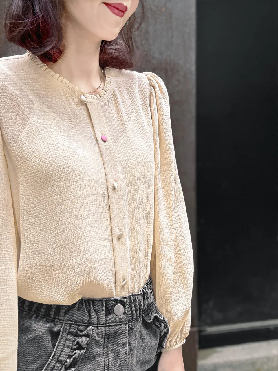 Crepe Beige Ruffle Collar Balloon Sleeve Cotton Silk Blouse