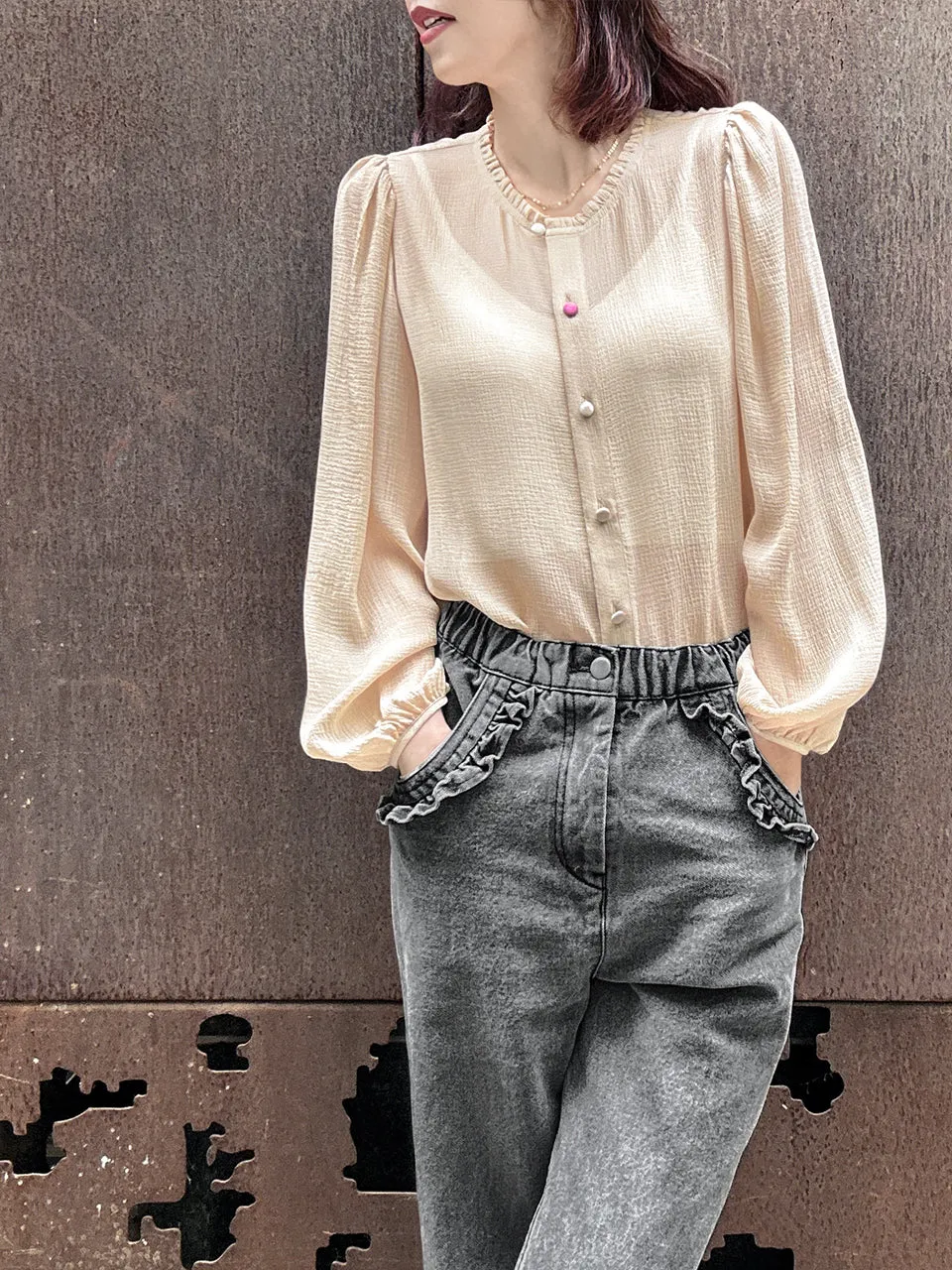 Crepe Beige Ruffle Collar Balloon Sleeve Cotton Silk Blouse