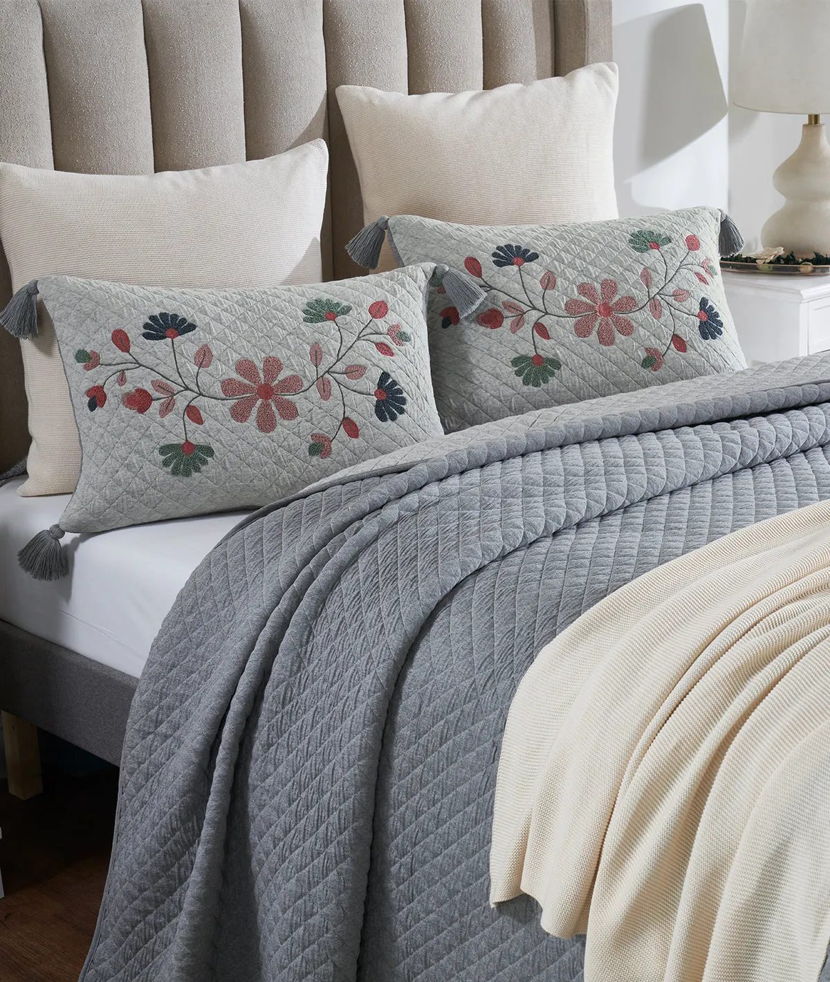 Floraison Cotton knitted Bed Cover with Embroidered Pillow Cover in Grey Melange Color ( Set of 3 Pcs)