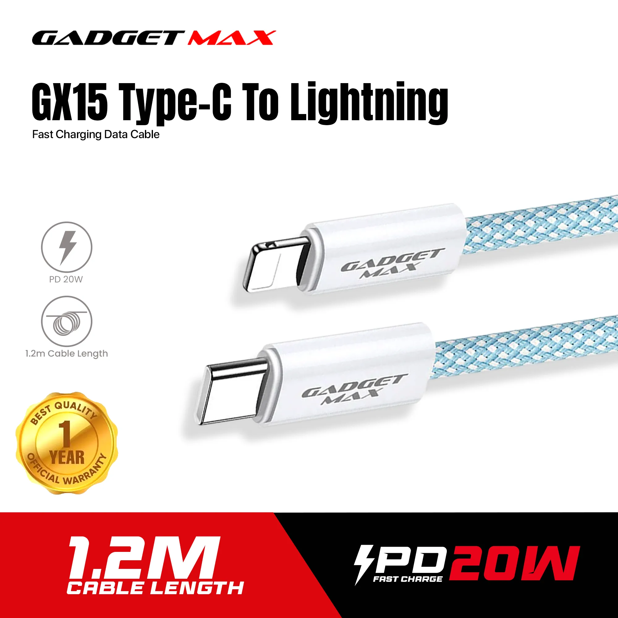 GADGET MAX GX15 FAST CHARGING TYPE-C TO LIGHTING CHARGING DATA CABLE PD(20W) (1.2M) - BLUE