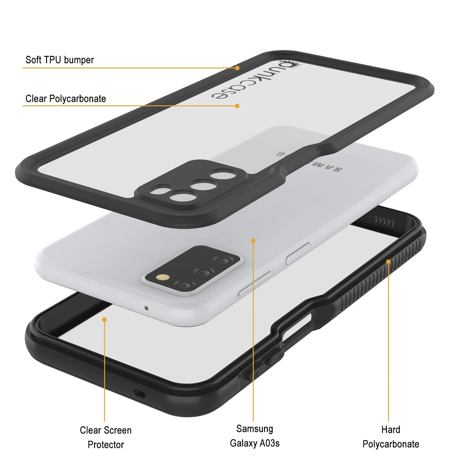 Galaxy A03s Waterproof Case PunkCase StudStar Black Thin 6.6ft Underwater IP68 Shock/Snow Proof