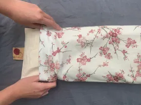 Hot Cherry Cervical/Rectangle Neck Pillow in Unbleached, Pre-washed, Natural Denim, with Cherry Blossom Pillowcase