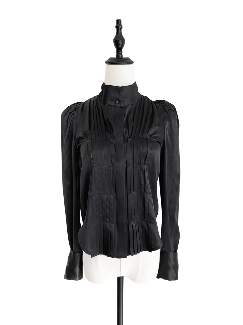 Last Chance! Black Pleat Front Puff Sleeve Button-Up Silk Shirt