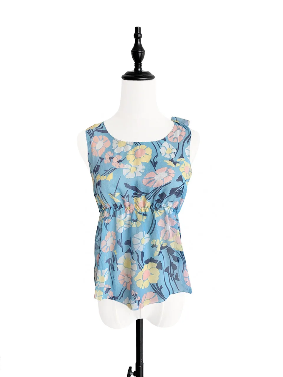 Last Chance! Floral Print Stitched Trim Empire Waist Silk Tank