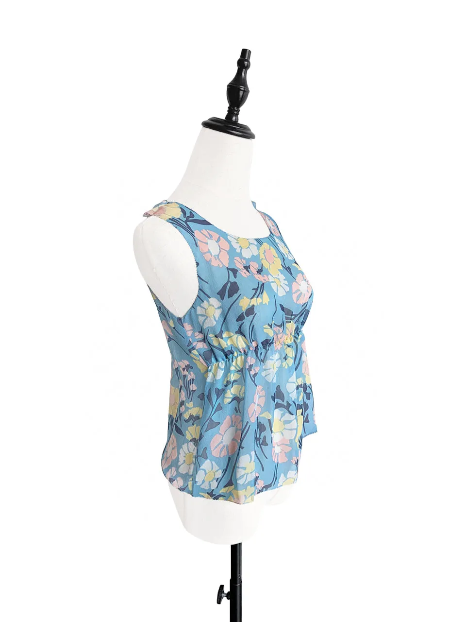 Last Chance! Floral Print Stitched Trim Empire Waist Silk Tank