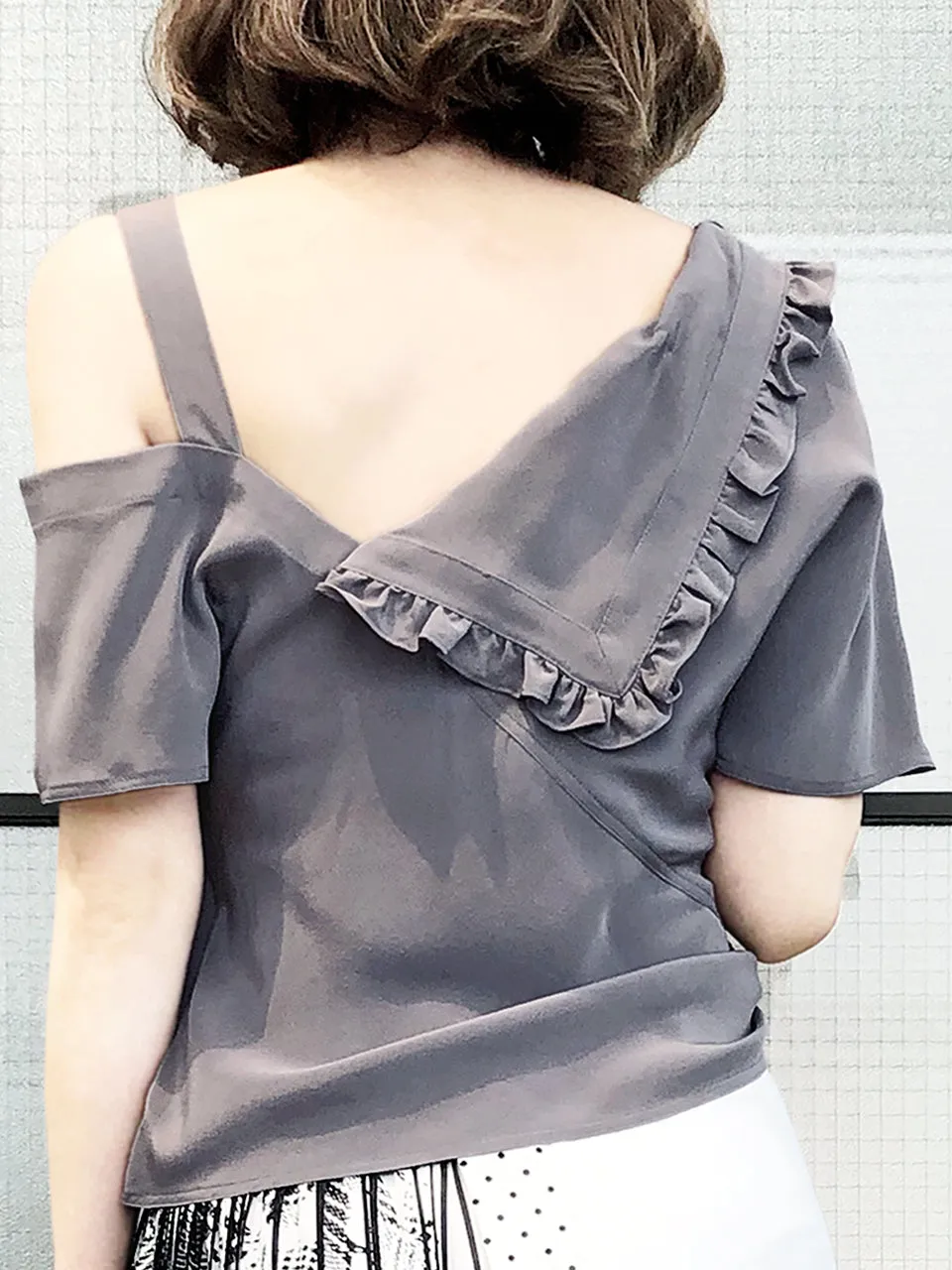 Last Chance! Grey Flirty Cold Shoulder Asymmetrical Ruffle Silk Top