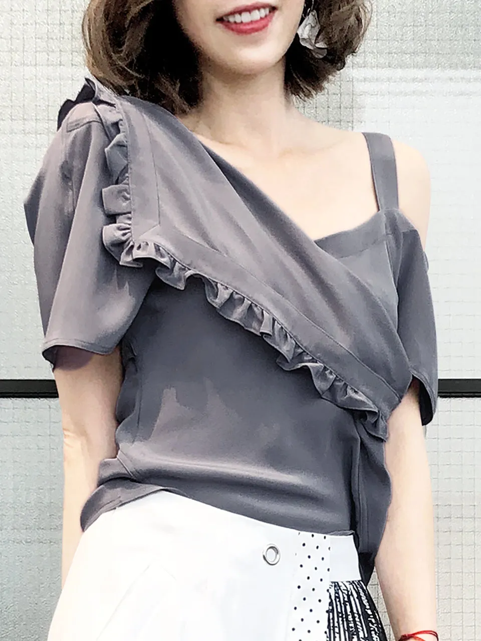 Last Chance! Grey Flirty Cold Shoulder Asymmetrical Ruffle Silk Top