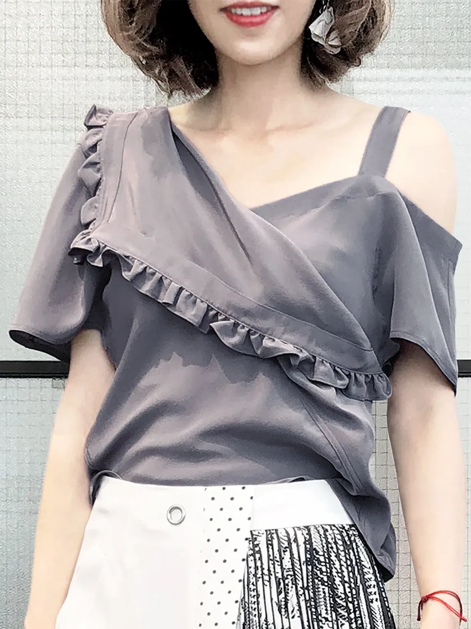 Last Chance! Grey Flirty Cold Shoulder Asymmetrical Ruffle Silk Top