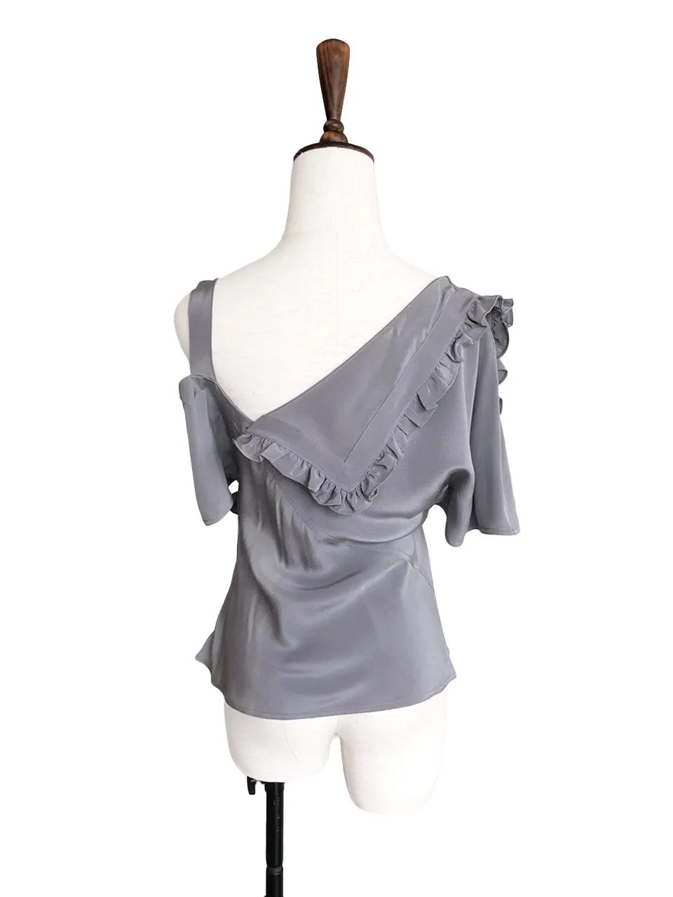 Last Chance! Grey Flirty Cold Shoulder Asymmetrical Ruffle Silk Top