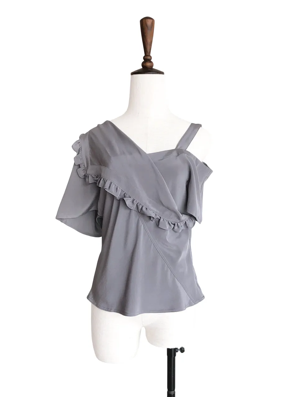 Last Chance! Grey Flirty Cold Shoulder Asymmetrical Ruffle Silk Top