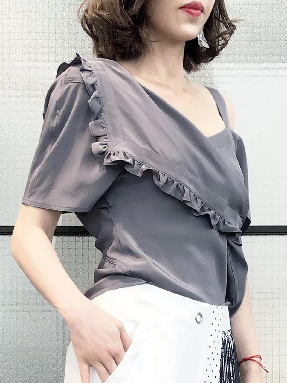 Last Chance! Grey Flirty Cold Shoulder Asymmetrical Ruffle Silk Top