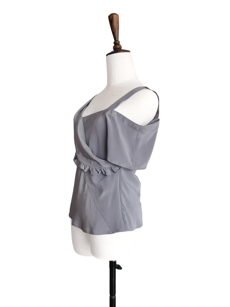 Last Chance! Grey Flirty Cold Shoulder Asymmetrical Ruffle Silk Top