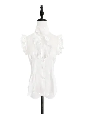 Last Chance! Lustrous Ivory Ruffle High-neck Slim Silhouette Silk Blouse