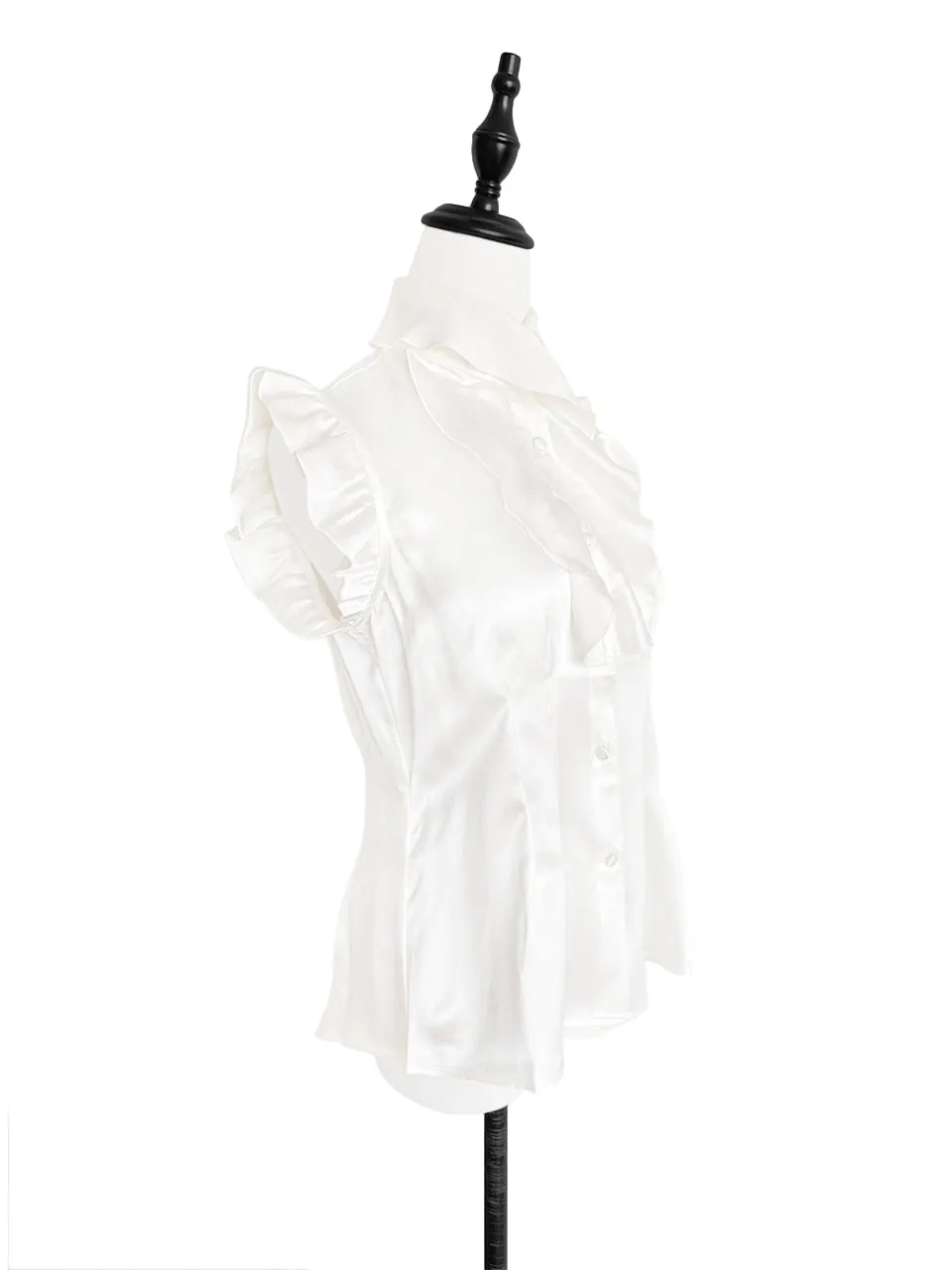 Last Chance! Lustrous Ivory Ruffle High-neck Slim Silhouette Silk Blouse