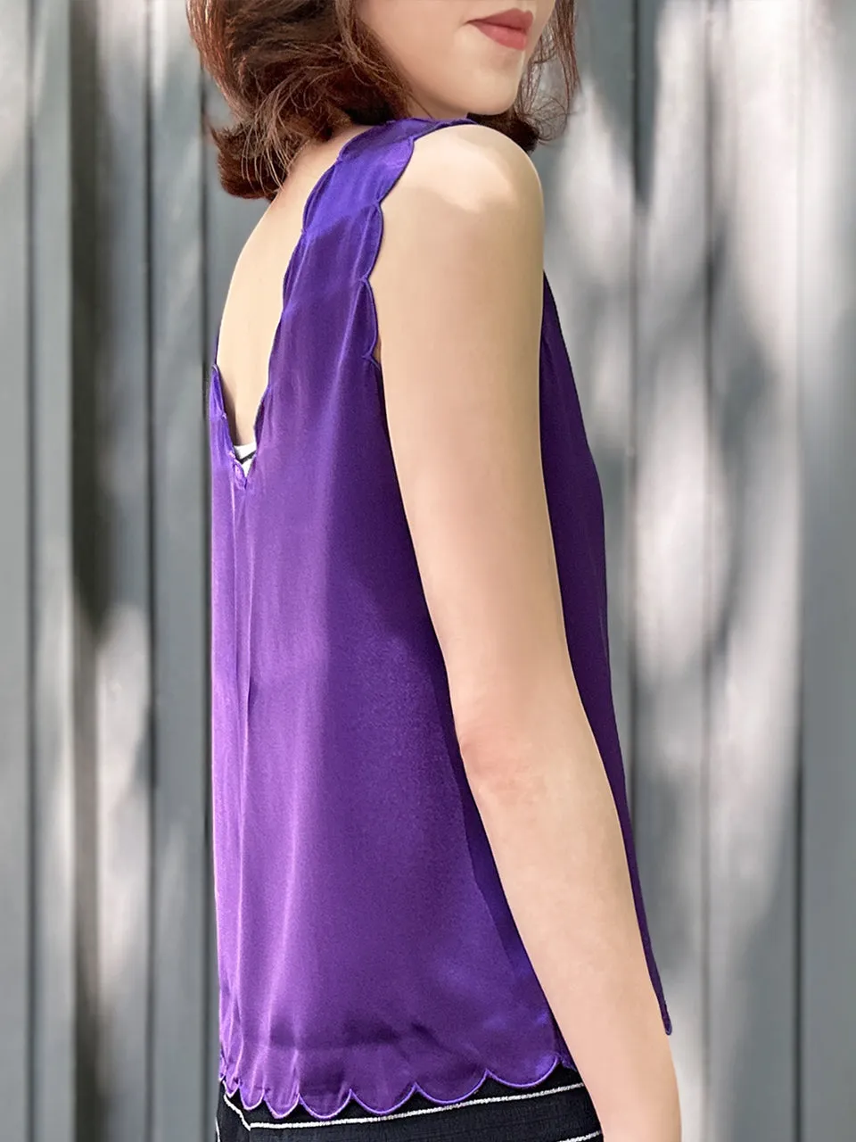 Last Chance! Midnight Purple V-Neck Scalloped Fluid Silk Tank