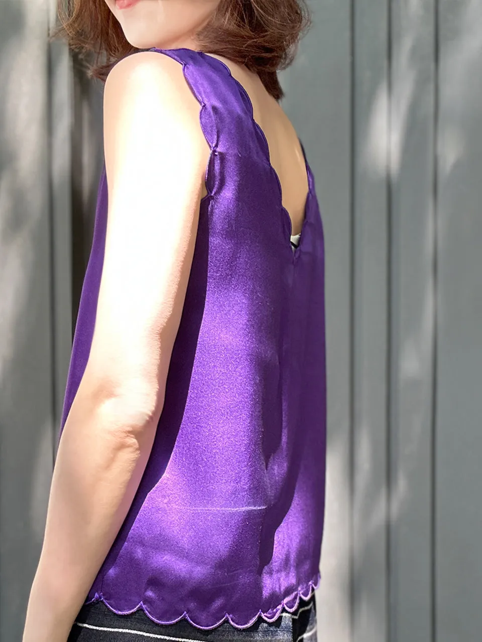 Last Chance! Midnight Purple V-Neck Scalloped Fluid Silk Tank