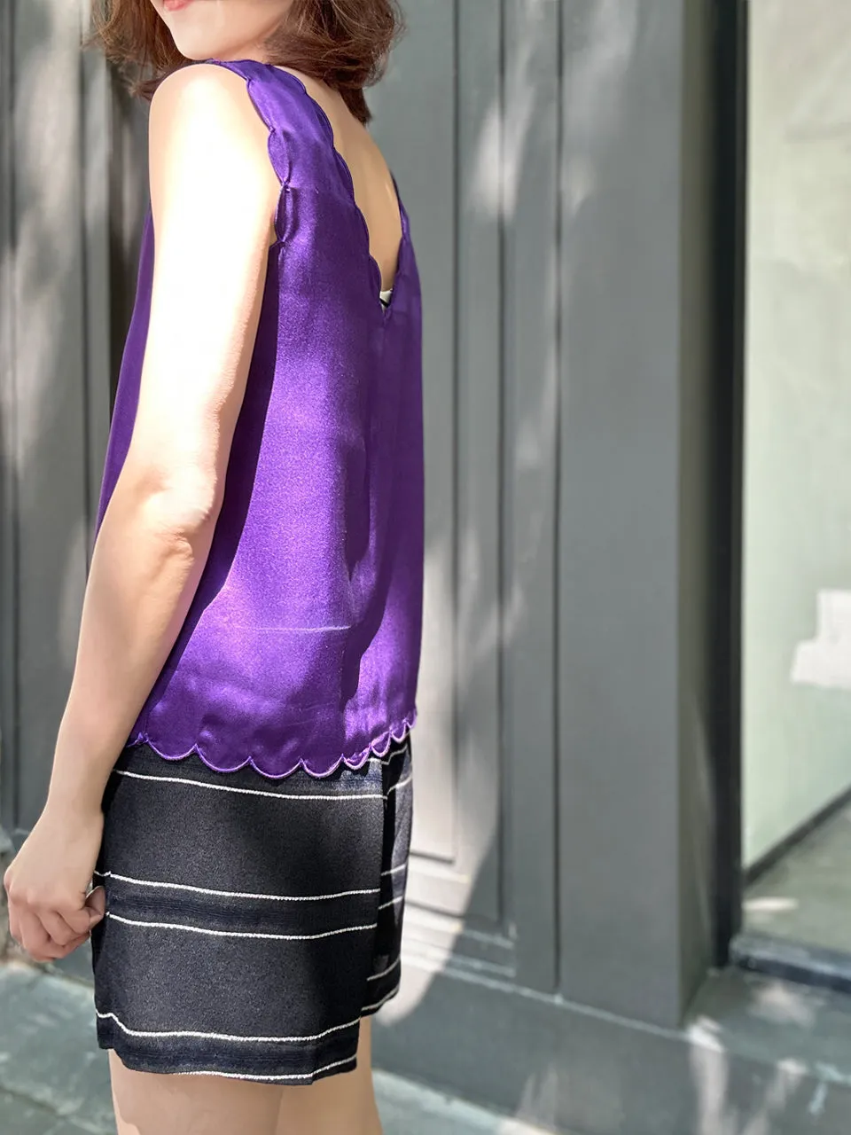 Last Chance! Midnight Purple V-Neck Scalloped Fluid Silk Tank