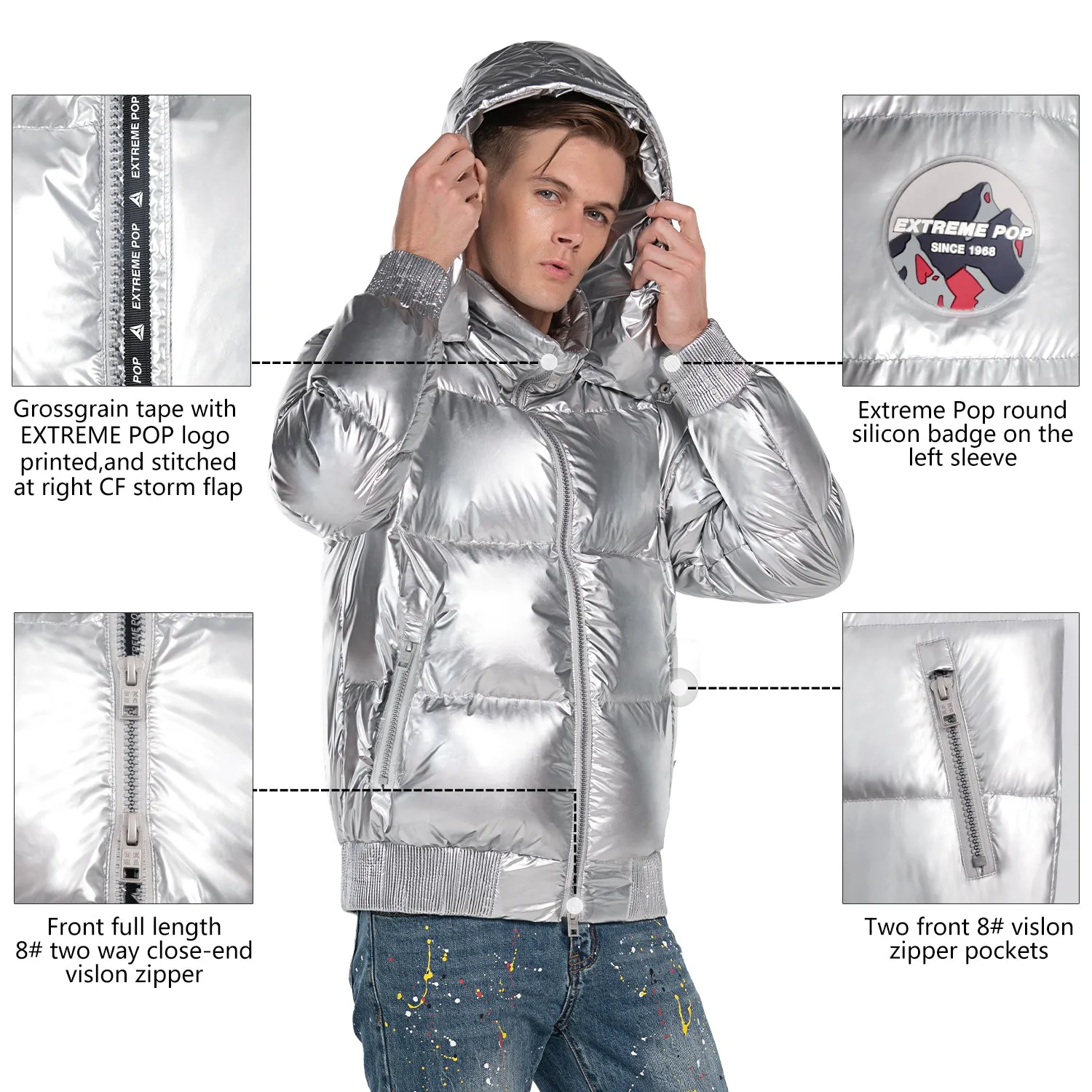 Men's Down Puff Jacket in Pure Goose Shiny Colours Silver and Black size S M L XL