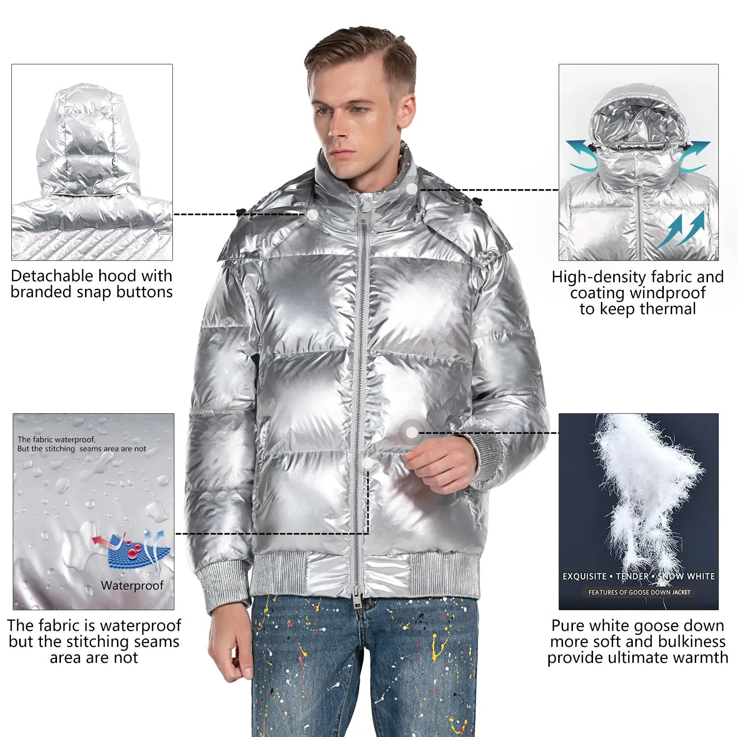 Men's Down Puff Jacket in Pure Goose Shiny Colours Silver and Black size S M L XL