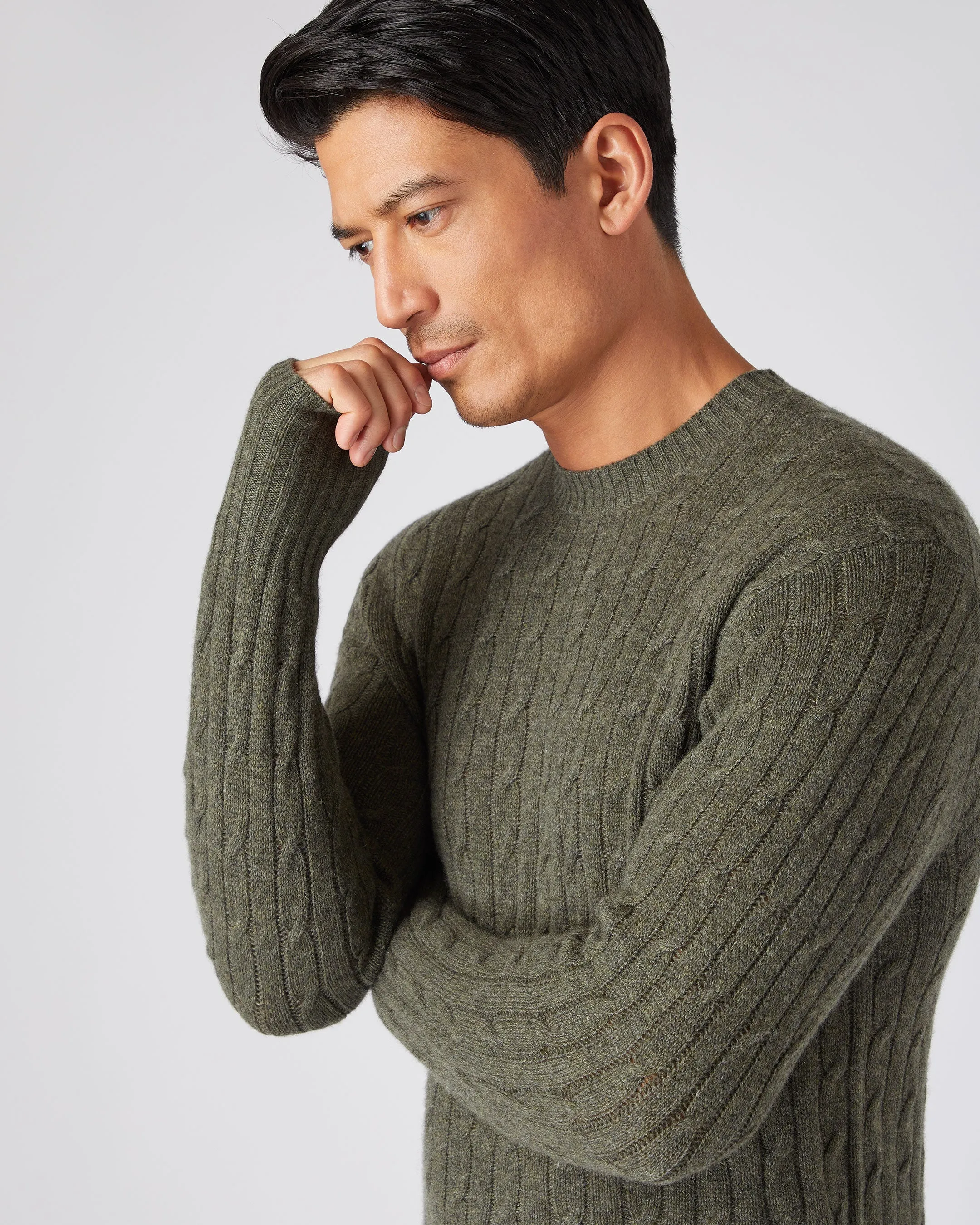 Men's Thames Cable Round Neck Cashmere Jumper Moss Green