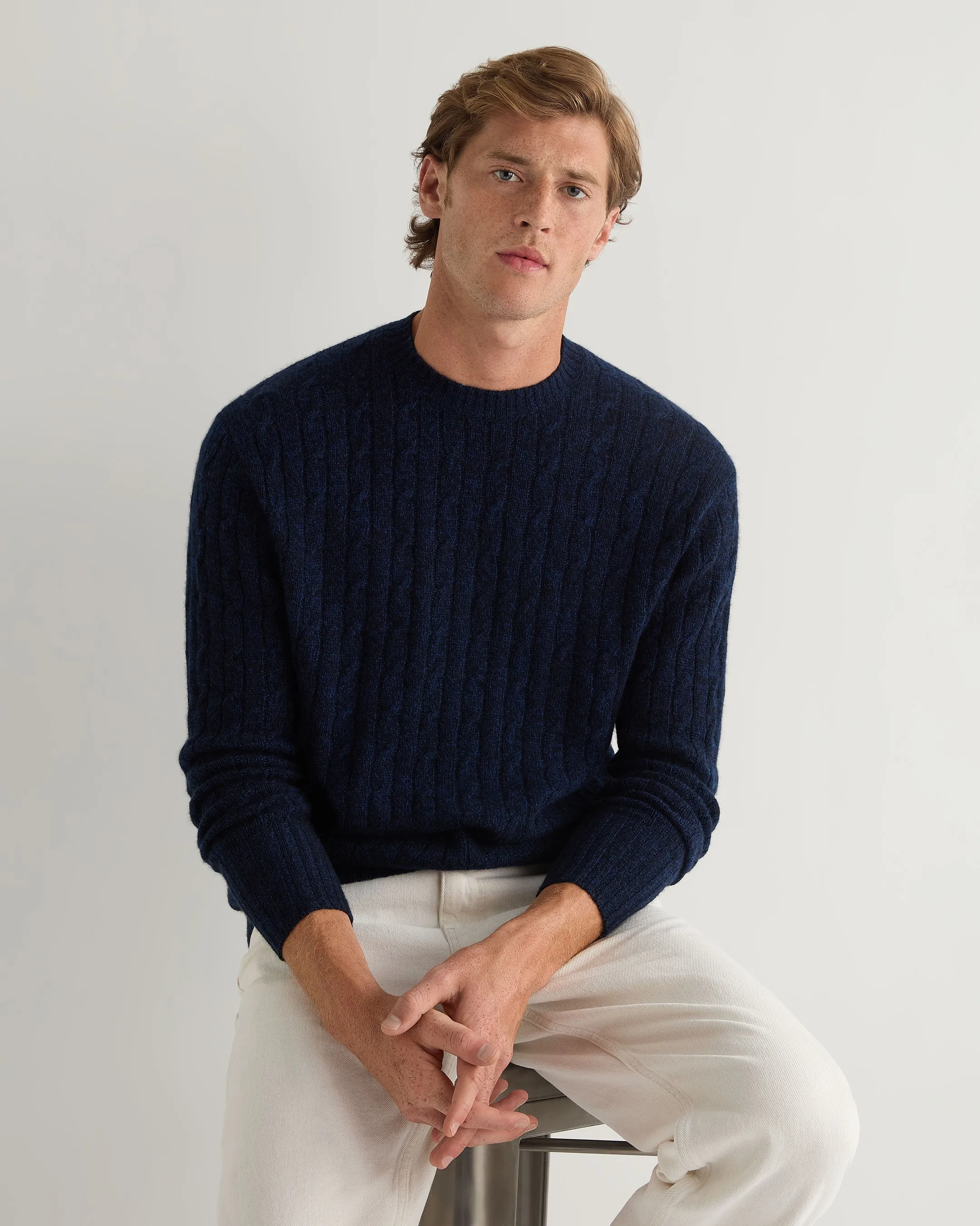 Men's Thames Cable Round Neck Cashmere Jumper Navy Blue Melange