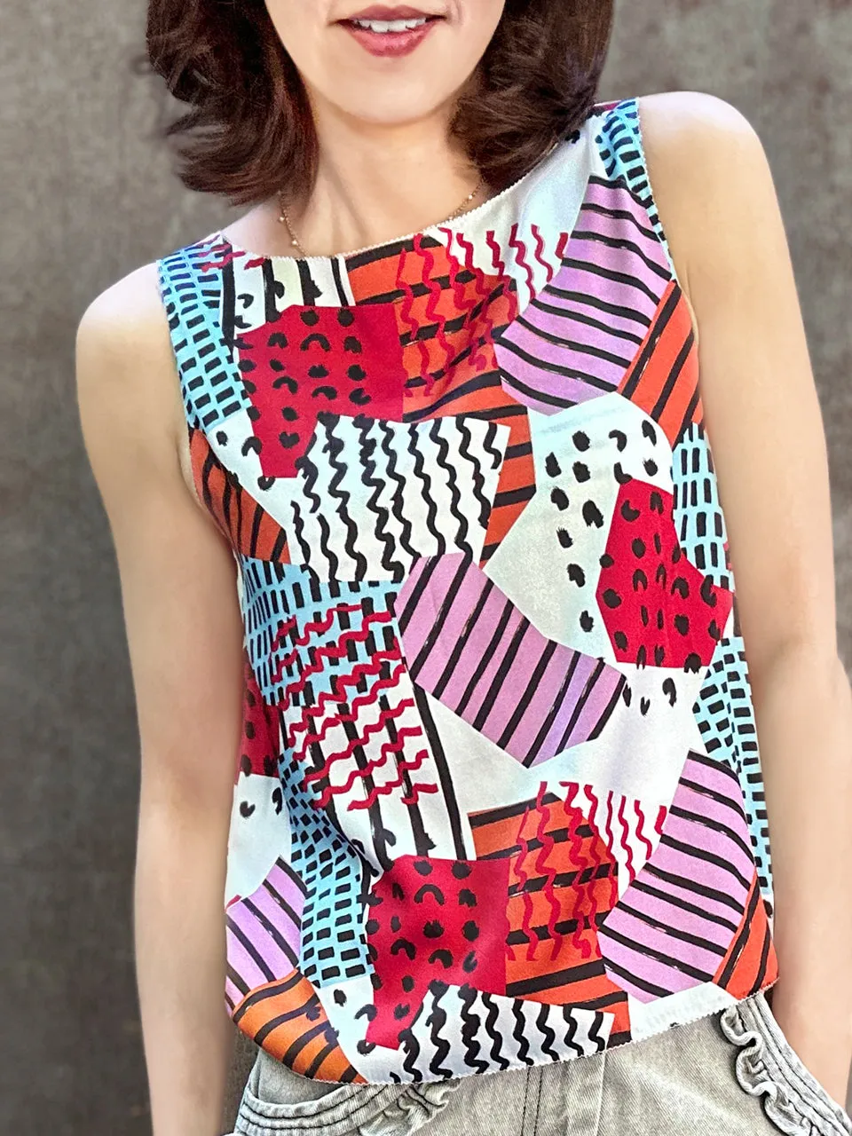 Mix Geo Print Stitched Trim Boat Neck Silk Tank