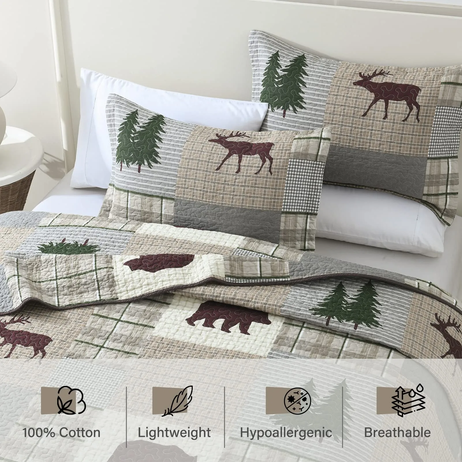 Quilt King Size - 100% Cotton Lightweight Cabin Plaid King Quilt Bedding Set, Forest Tree Brown Bear Deer Patchwork Reversible Bedspread/Coverlet/Comforter Set with 2 Shams, 3PCS