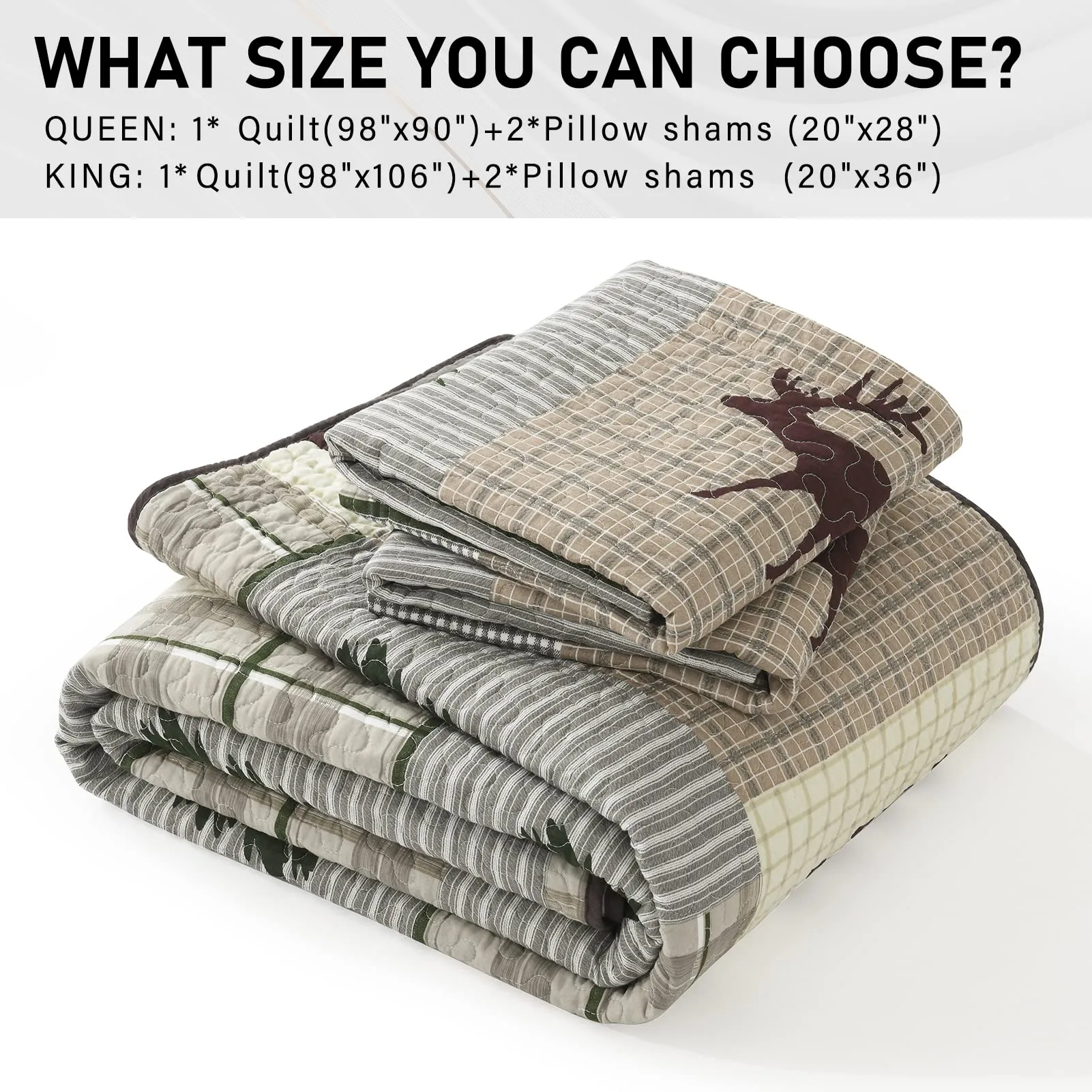 Quilt King Size - 100% Cotton Lightweight Cabin Plaid King Quilt Bedding Set, Forest Tree Brown Bear Deer Patchwork Reversible Bedspread/Coverlet/Comforter Set with 2 Shams, 3PCS