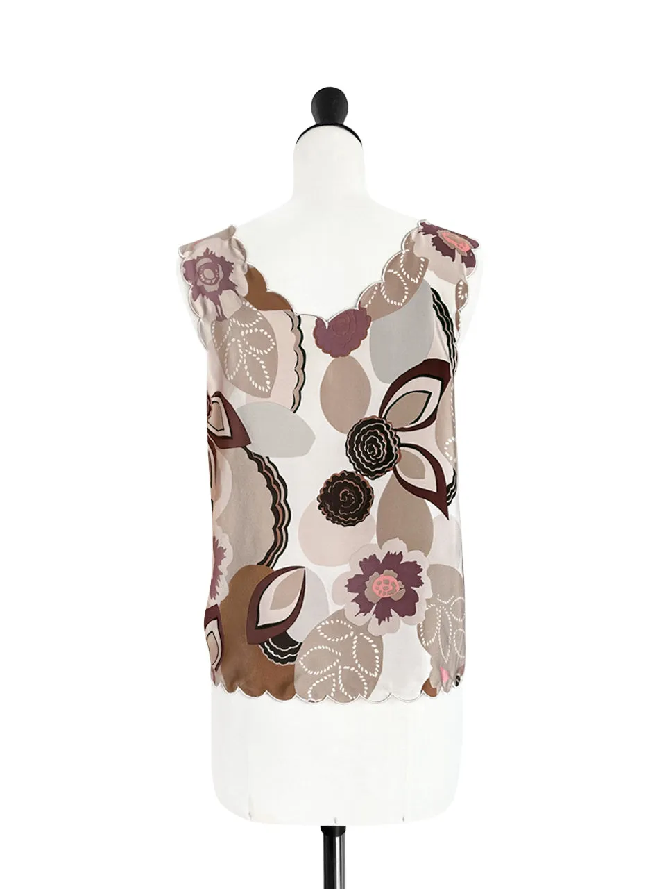 Rustic Floral Round Neck Scallop Silk Tank