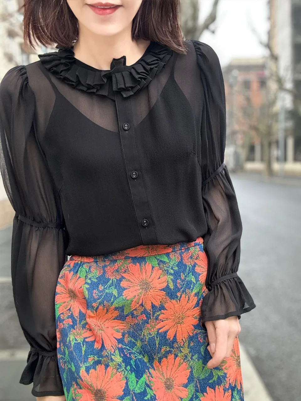 Sheer Noir Pleated Collar Tiers Sleeve Silky Blouse