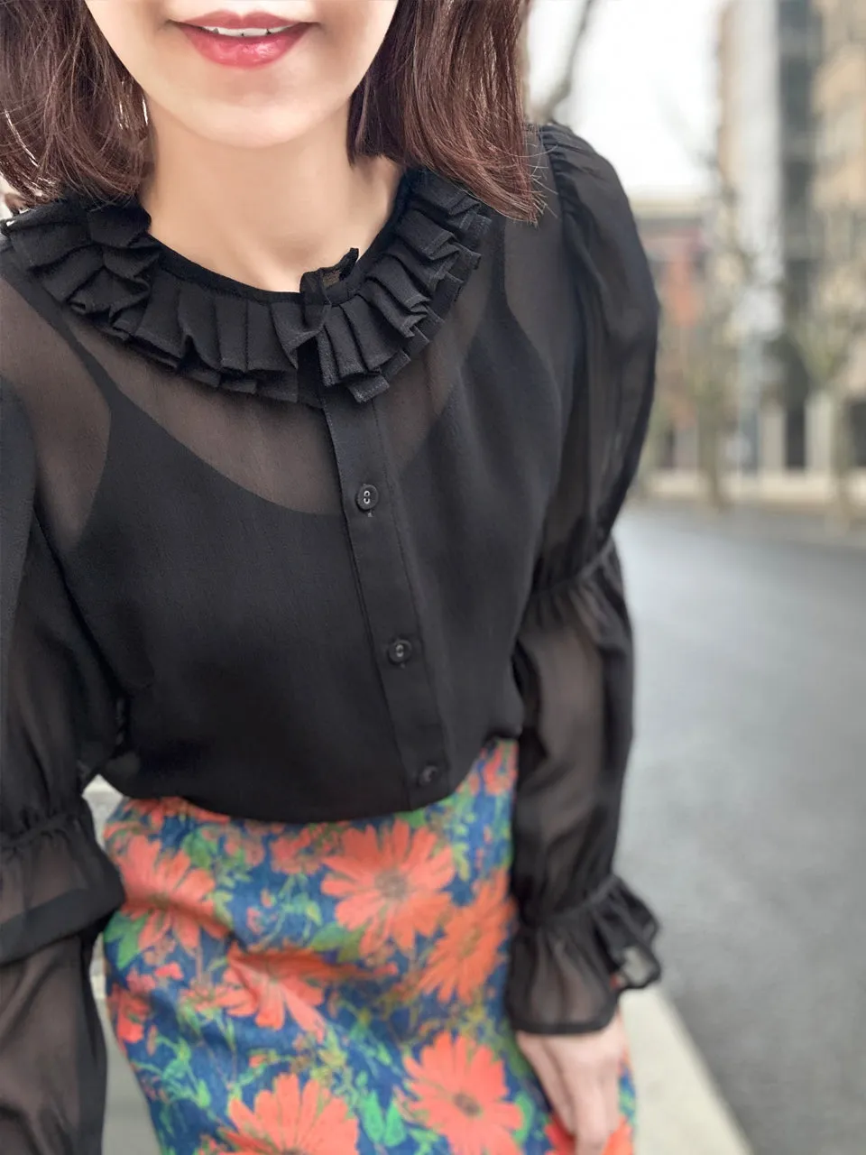 Sheer Noir Pleated Collar Tiers Sleeve Silky Blouse