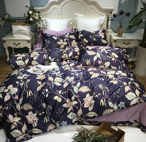 Silk Egyptian Cotton Birds Plant Duvet Cover Bedding Set Fitted sheet style