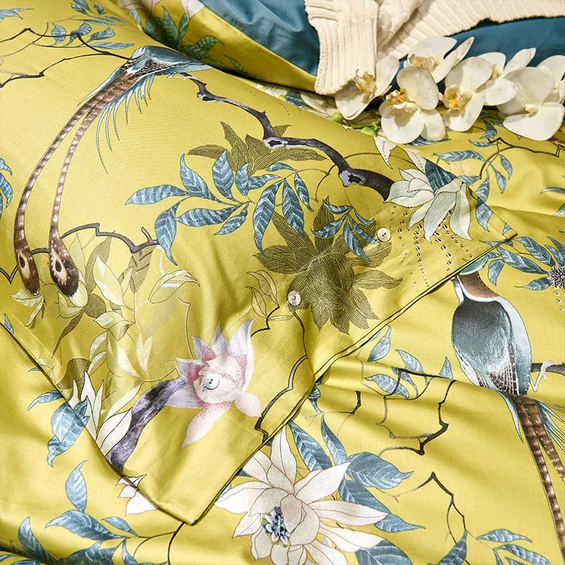 Silk Egyptian Cotton Birds Plant Duvet Cover Bedding Set Fitted sheet style