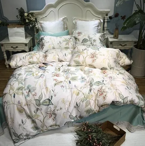 Silk Egyptian Cotton Birds Plant Duvet Cover Bedding Set Fitted sheet style