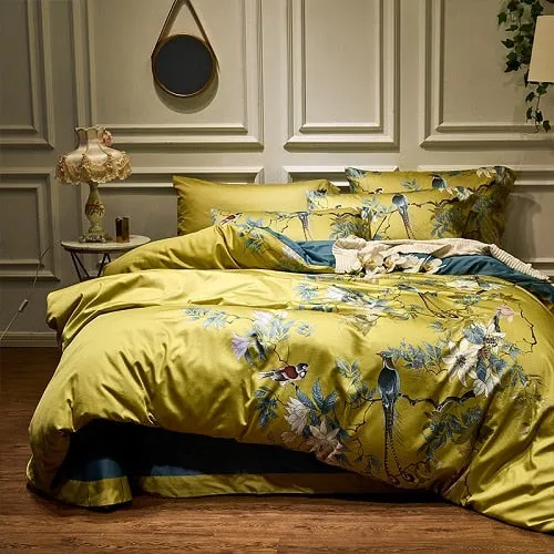 Silk Egyptian Cotton Birds Plant Duvet Cover Bedding Set Fitted sheet style