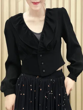 Silky Black Buttoned Waist Ruffles Crop Top