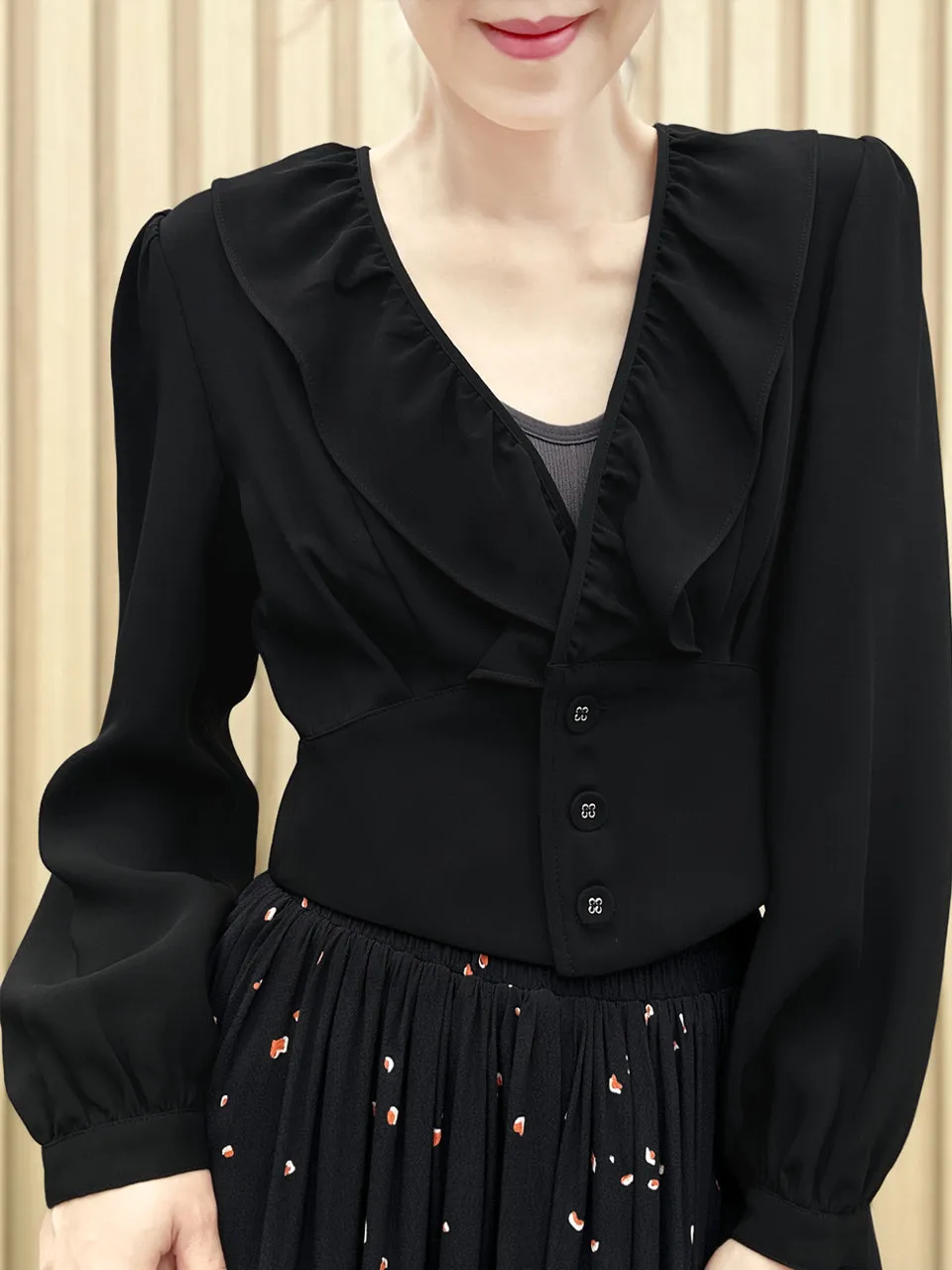 Silky Black Buttoned Waist Ruffles Crop Top