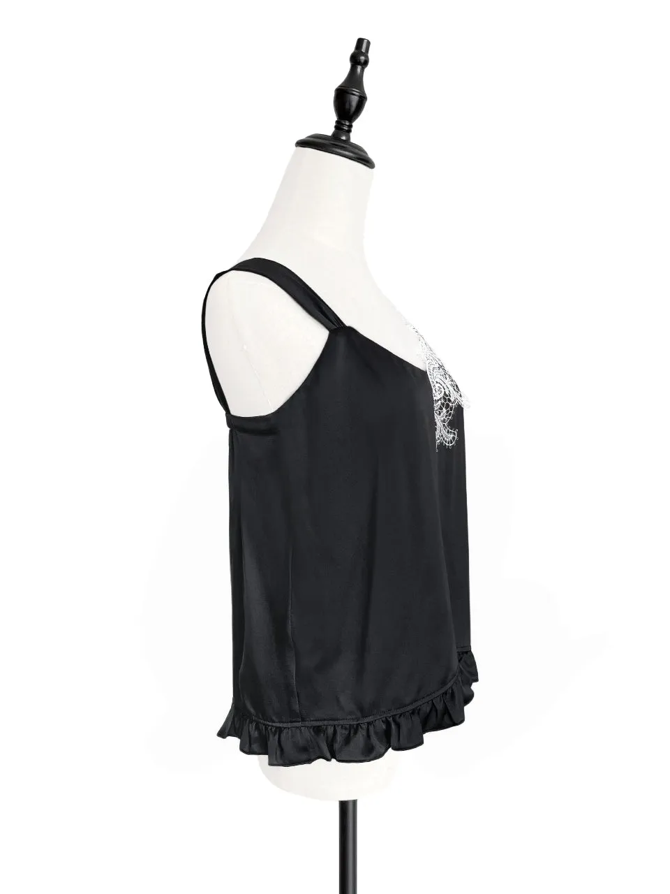 SPECIAL! Classic Black Asymmetrical Lace Strap Ruffle Hem Silk Tank