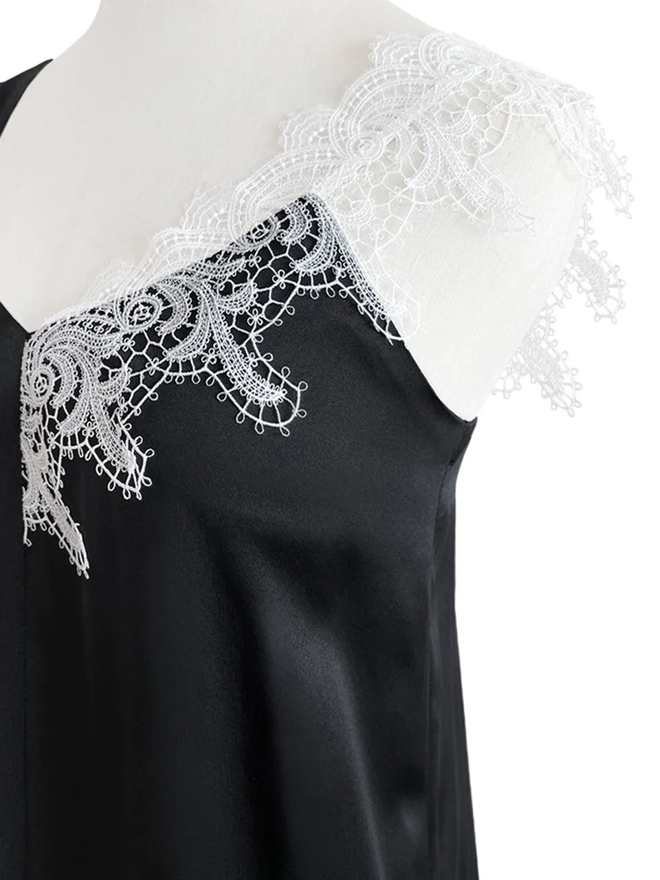 SPECIAL! Classic Black Asymmetrical Lace Strap Ruffle Hem Silk Tank