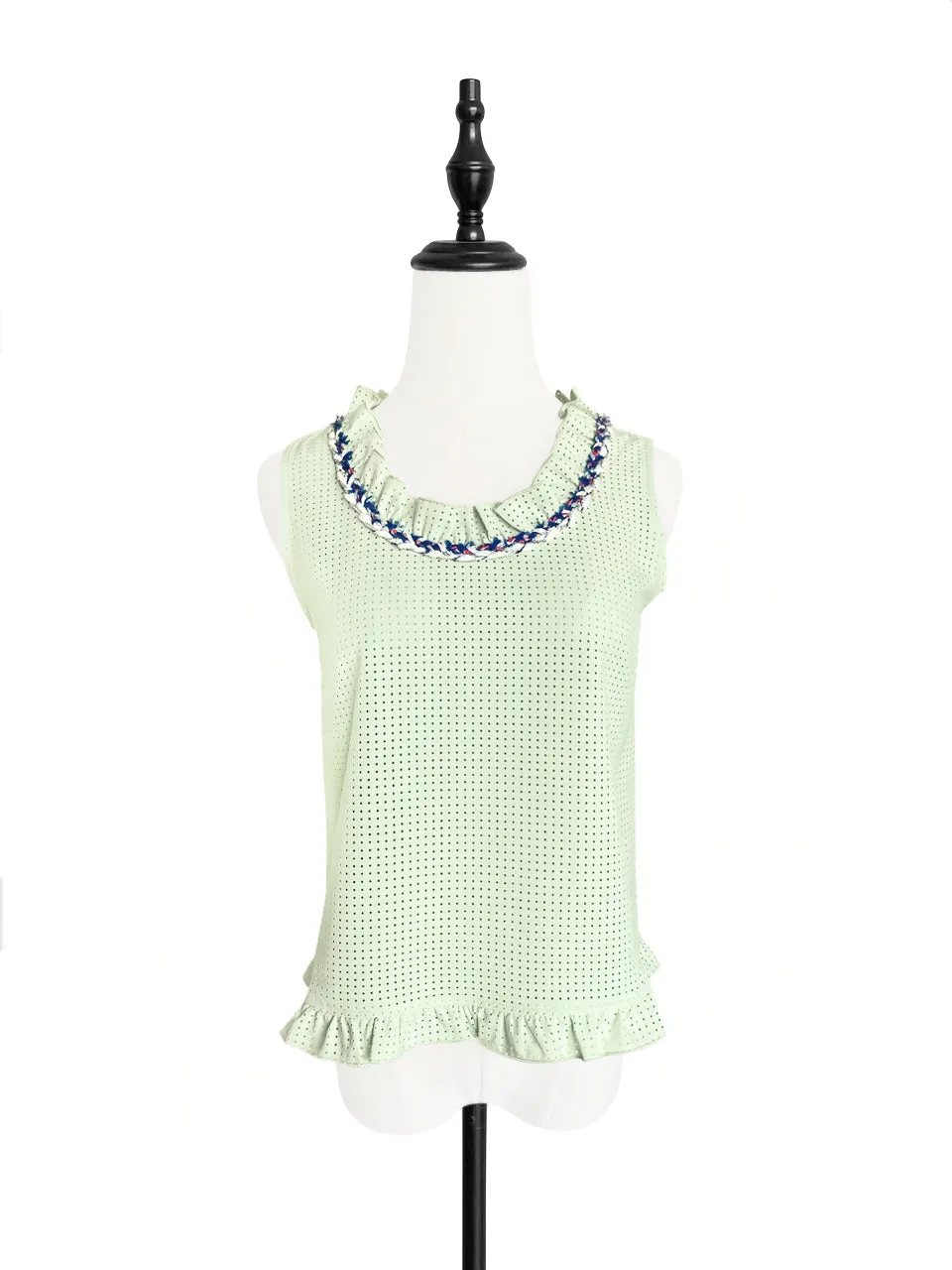 Surprise Sale! Light Green Cord Trim Details Ruffled Laser Cut Tank