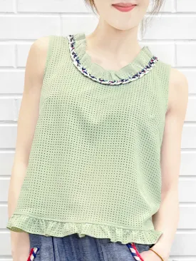 Surprise Sale! Light Green Cord Trim Details Ruffled Laser Cut Tank