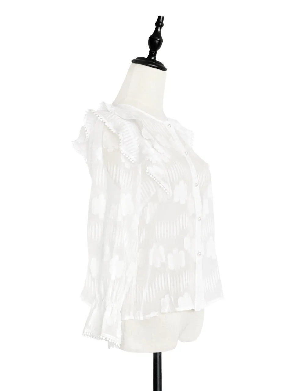 Tonal Puckered Flowers Ruffle Puff Sleeve Silky Blouse