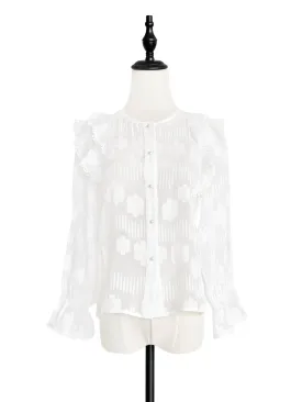 Tonal Puckered Flowers Ruffle Puff Sleeve Silky Blouse