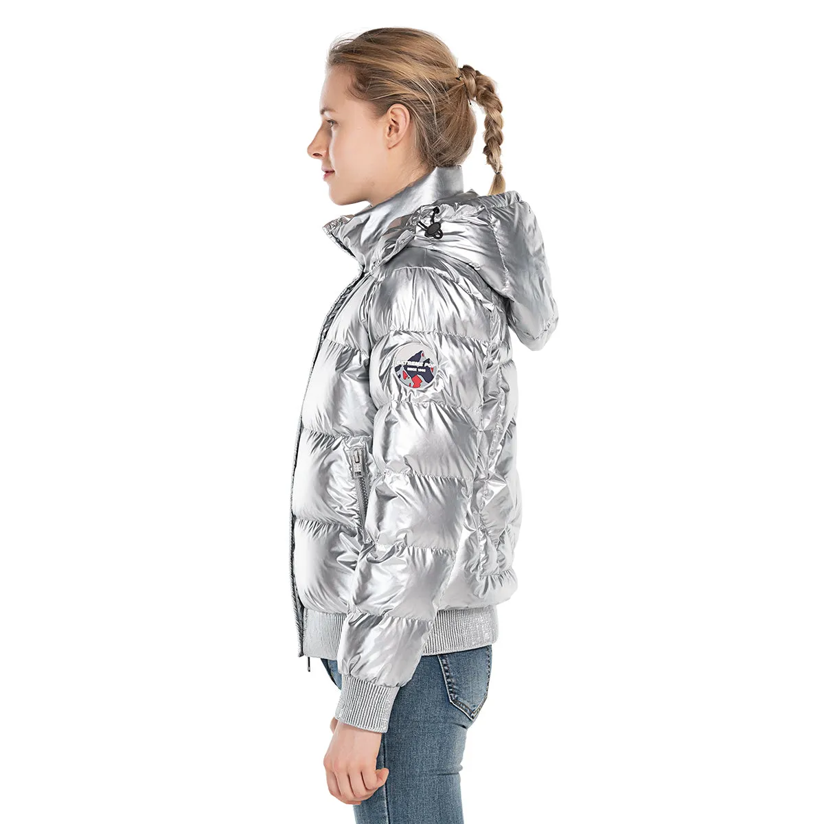 Women's Down Puff Jacket in Pure Goose Shiny Colours Silver and Black S M L XL